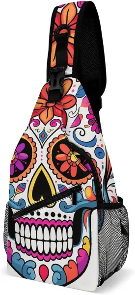Sugar Skull Crossbody Sling Bag for Women Men Casual Sling Backpack Travel Chest Bag Lightweight Chest Pack Man Purse Shoulder Bags Side Backpack Daypack for Travel Hiking Cycling