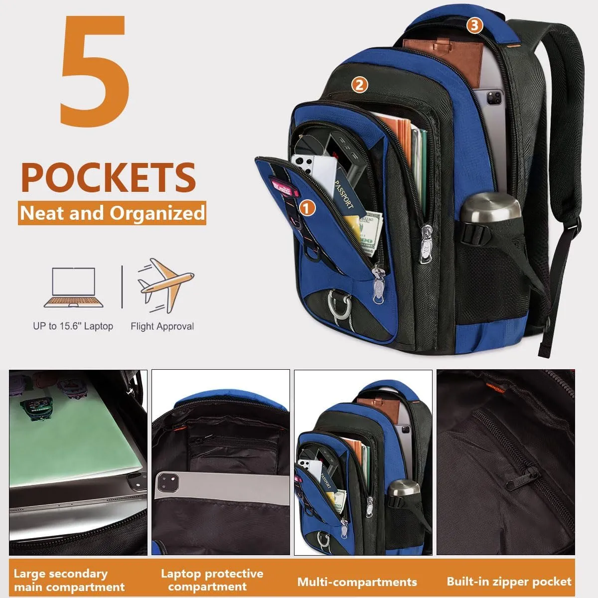 Travel Backpack Carry on Flight Approved for Man Women,Lightweight,Waterproof Backpack,Fits 17 Inch Computer#Navy